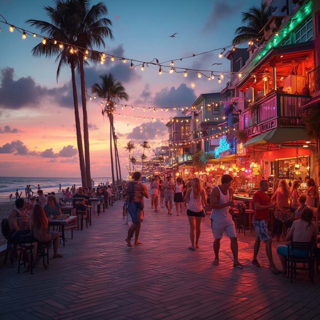 Daytona Beach in August: Your Sizzling Summer Paradise Decoded! Vibrant beach boardwalk with colorful bars, string lights, live music stage, and people dancing, with a tropical cocktails on a warm summer evening in Florida's coastal architectural style