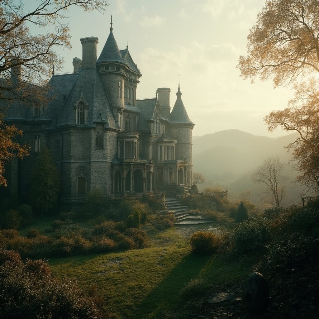 Dramatic Victorian era stone castle with ornate architectural details, surrounded by meticulously manicured gardens in the soft golden morning light of autumn, set against a misty landscape with rolling green hills, showcasing a moody atmospheric scene.