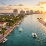 "Sunset aerial view of West Palm Beach highlighting Intracoastal Waterway with luxury boats, Mounts Botanical Garden, Norton Museum of Art, historic Flagler Museum, and beach activities"