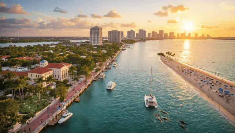 Unlock West Palm Beach's Hidden Playground: A Traveler's Ultimate Guide "Sunset aerial view of West Palm Beach highlighting Intracoastal Waterway with luxury boats, Mounts Botanical Garden, Norton Museum of Art, historic Flagler Museum, and beach activities"