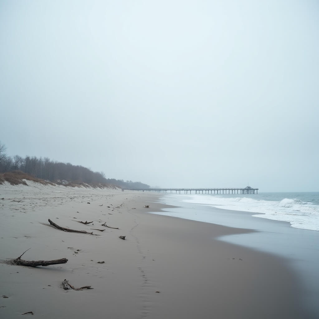 Why Panama City Beach in January Will Blow Your Mind (Without Breaking the Bank) Minimalist winter beach scene with soft gray-blue tones, empty sandy shoreline, distant pier, driftwood, gentle waves, muted sunlight creating soft shadows, smooth sand textures at low tide, distant coastal vegetation, and a calm atmosphere with no people visible