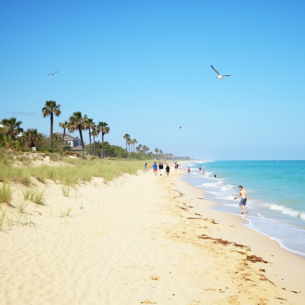 Why Panama City Beach in January Will Blow Your Mind (Without Breaking the Bank) Uncrowded beach at Panama City with few visitors strolling on golden sand under a crisp blue sky, palm trees swaying in the breeze and seagulls soaring overhead