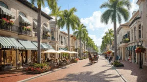Discover Winter Park: Your Ultimate Playground of Culture, Adventure, and Endless Fun! "Daytime view of Park Avenue in Winter Park with European-style buildings, outdoor cafe, palm trees, boutique shop windows, pedestrians, a horse-drawn carriage, and the Morse Museum in the distance."