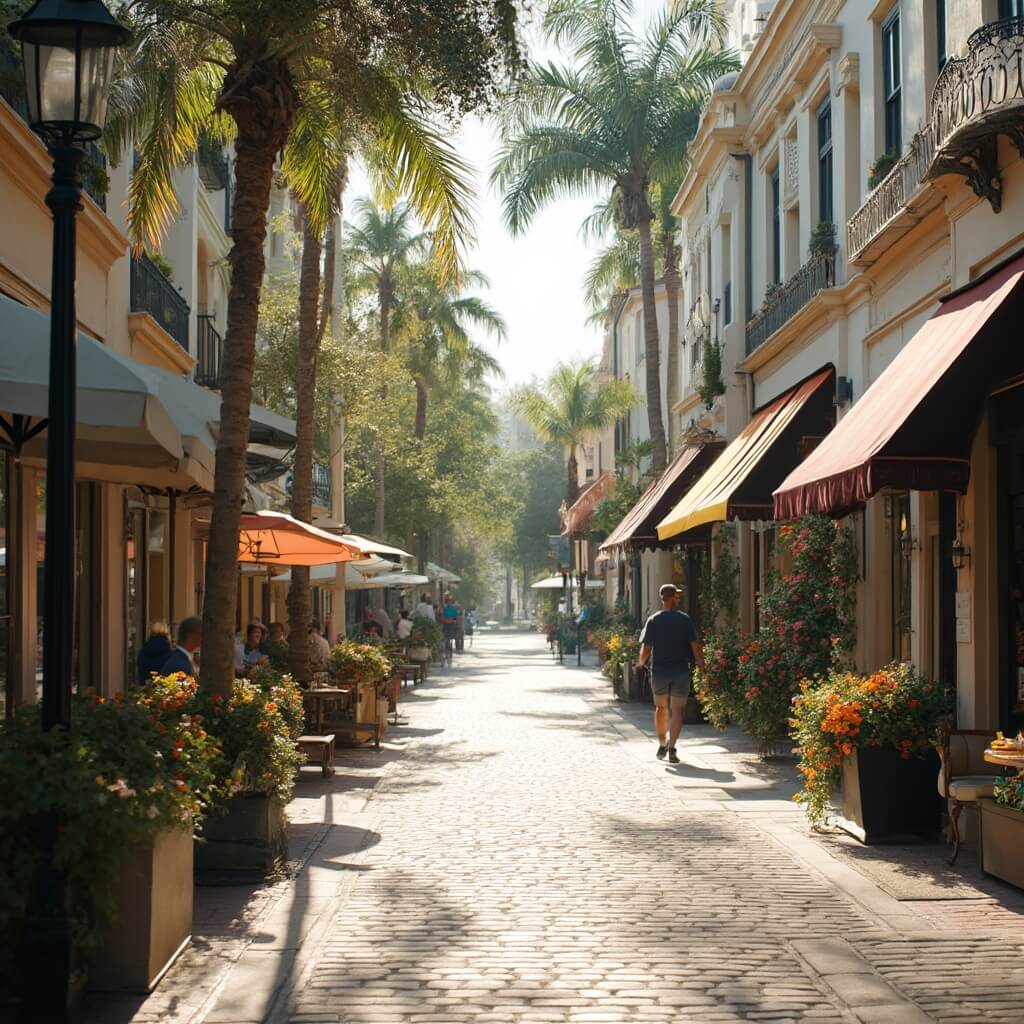 Sunlit cobblestone street in Winter Park, Florida with boutique storefronts, palm trees, streetlamps, vibrant flower boxes, cafe umbrellas, and a pristine urban landscape