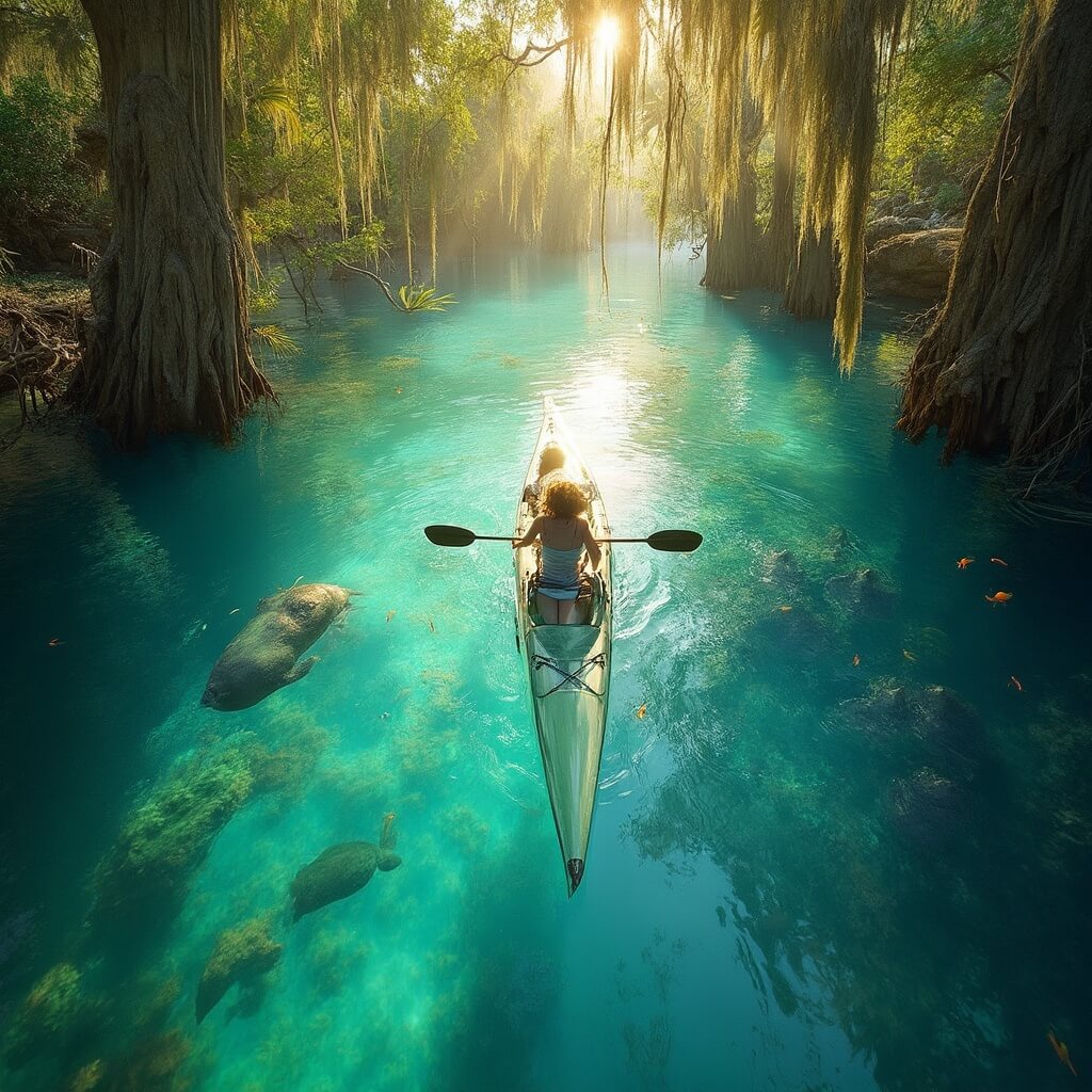 Discover Winter Park: Your Ultimate Playground of Culture, Adventure, and Endless Fun! Aerial view of a clear turquoise spring in Winter Park with a transparent kayak, visible underwater manatees and colorful fish, surrounded by lush vegetation and dappled sunlight through cypress trees.