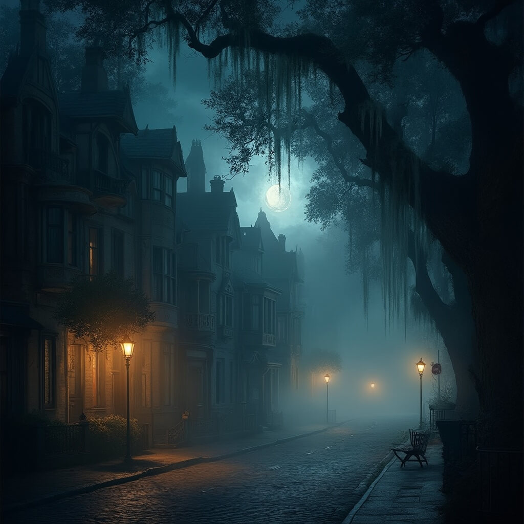 Discover Winter Park: Your Ultimate Playground of Culture, Adventure, and Endless Fun! Mystical Winter Park at night with Victorian architecture under moonlight, ancient oak trees with Spanish moss, gas lanterns, cobblestone streets and fog between buildings