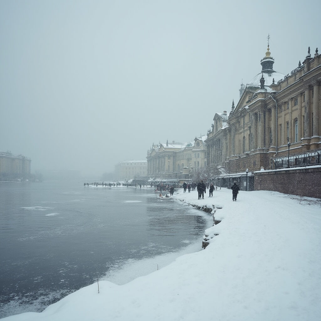 St. Petersburg in March: Two Cities, Worlds Apart Snow-covered St. Petersburg cityscape featuring historic baroque architecture and frozen Neva River in muted gray and white, with distant figures in winter coats along the riverbank under an overcast sky