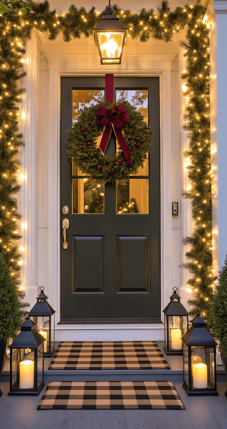 Magical Christmas Porch Decor: Transform Your Entryway into a Festive Welcome Interior view through a grand front door onto a covered porch illuminated by warm lights, featuring a luxurious wreath, buffalo check and jute welcome mats, white columns wrapped in string lights, and black lanterns with flickering candles, creating a welcoming atmosphere at dusk.