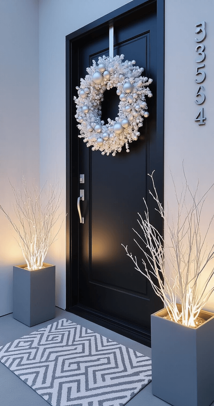Magical Christmas Porch Decor: Transform Your Entryway into a Festive Welcome Modern minimalist porch featuring a contemporary black door frame adorned with a large white-frosted wreath with silver ornaments, illuminated planters with white branches, and layered grey and white welcome mats, all enhanced by cool uplighting and brushed silver house numbers, captured during blue hour.