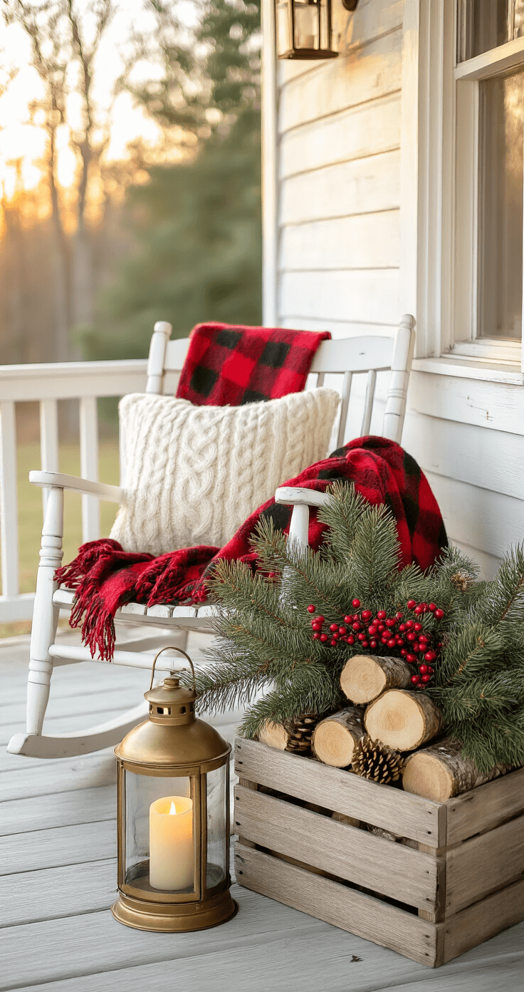 Magical Christmas Porch Decor: Transform Your Entryway into a Festive Welcome A cozy farmhouse porch corner at golden hour featuring a weathered white rocking chair adorned with a red plaid throw and cream cable-knit pillow, a vintage wooden crate filled with fresh pine boughs, red berry sprigs, and pinecones, a galvanized metal bucket overflowing with birch logs, and a warm brass lantern with a realistic LED candle, all captured from a low angle to highlight the textures and natural winter light.