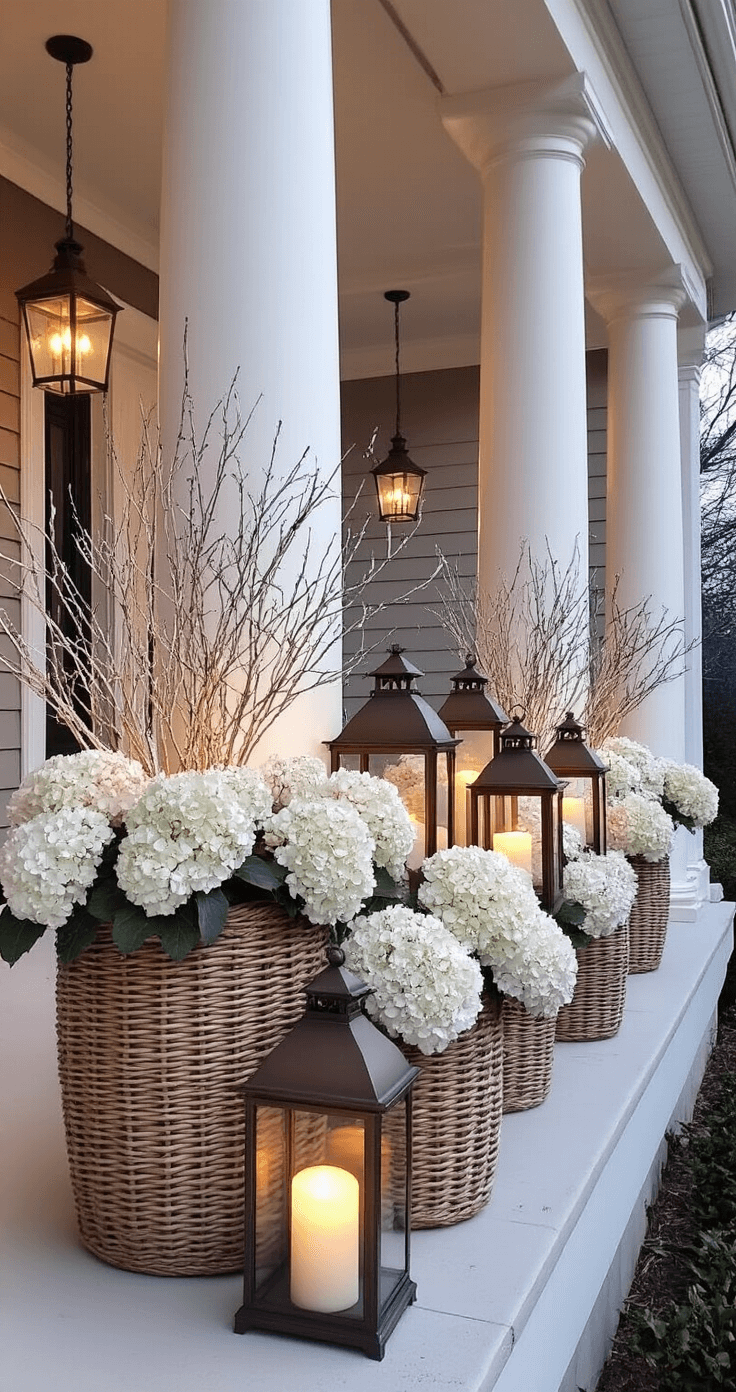 Magical Christmas Porch Decor: Transform Your Entryway into a Festive Welcome Wide-angle twilight shot of a wraparound porch adorned with five bronze lanterns of varying heights, each holding oversized LED candles, surrounded by overflowing woven seagrass baskets filled with silver-frosted branches and white hydrangeas, with soft uplighting illuminating architectural columns, all presented in a navy and silver coastal Christmas palette.