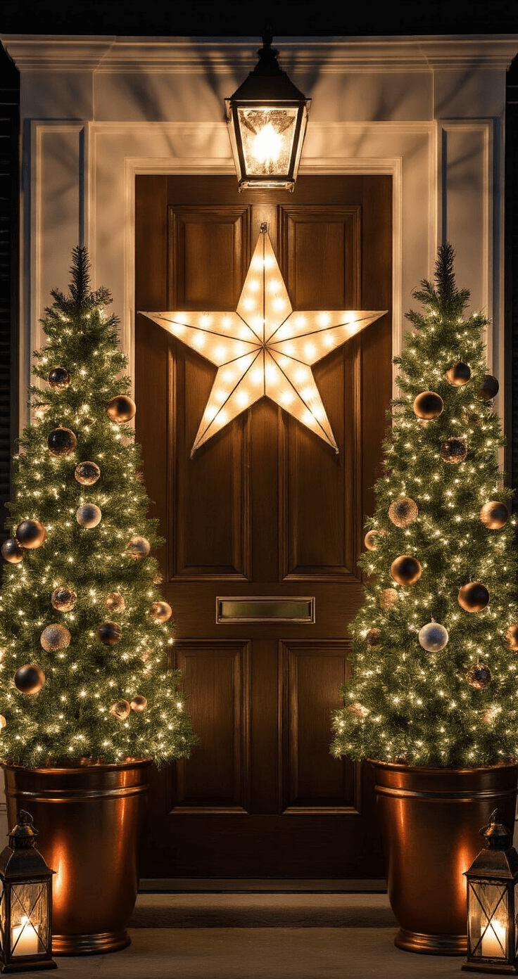 Magical Christmas Porch Decor: Transform Your Entryway into a Festive Welcome Intimate nighttime vignette featuring a pair of 6-foot pre-lit artificial trees in copper planters framing an antique wooden door, adorned with oversized mercury glass ornaments, a vintage marquee star casting a warm glow above, and weathered copper lanterns providing ground lighting, captured with a shallow depth of field to highlight the twinkling lights.