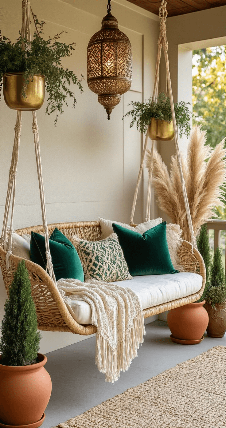 Magical Christmas Porch Decor: Transform Your Entryway into a Festive Welcome A modern bohemian porch swing at sunset, featuring a natural rattan seat adorned with cream macramé, velvet emerald pillows, and gold accent cushions, surrounded by hanging brass planters with dried pampas grass and eucalyptus, a Moroccan-style pendant casting intricate light, and terracotta pots with mini cypress trees along the steps.