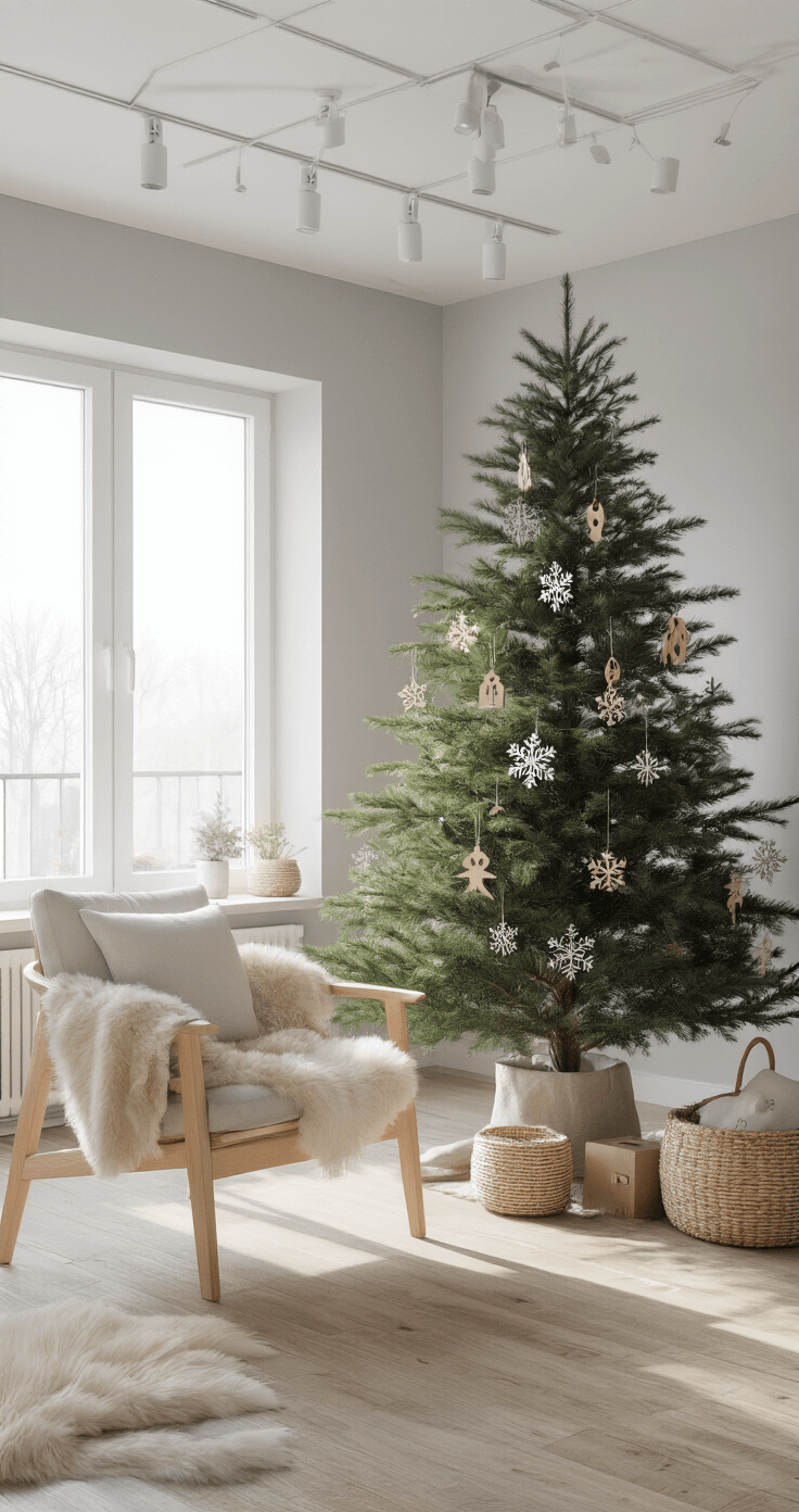 The Ultimate Guide to Christmas Trees: Transforming Your Home with Festive Cheer A bright, minimalist Scandinavian-style apartment living space featuring a Norfolk Island Pine as a sustainable Christmas tree, adorned with wooden ornaments and paper snowflakes, surrounded by light gray walls, blonde wood furniture, sheepskin throws, and woven baskets, all illuminated by a matrix-style lighting grid.