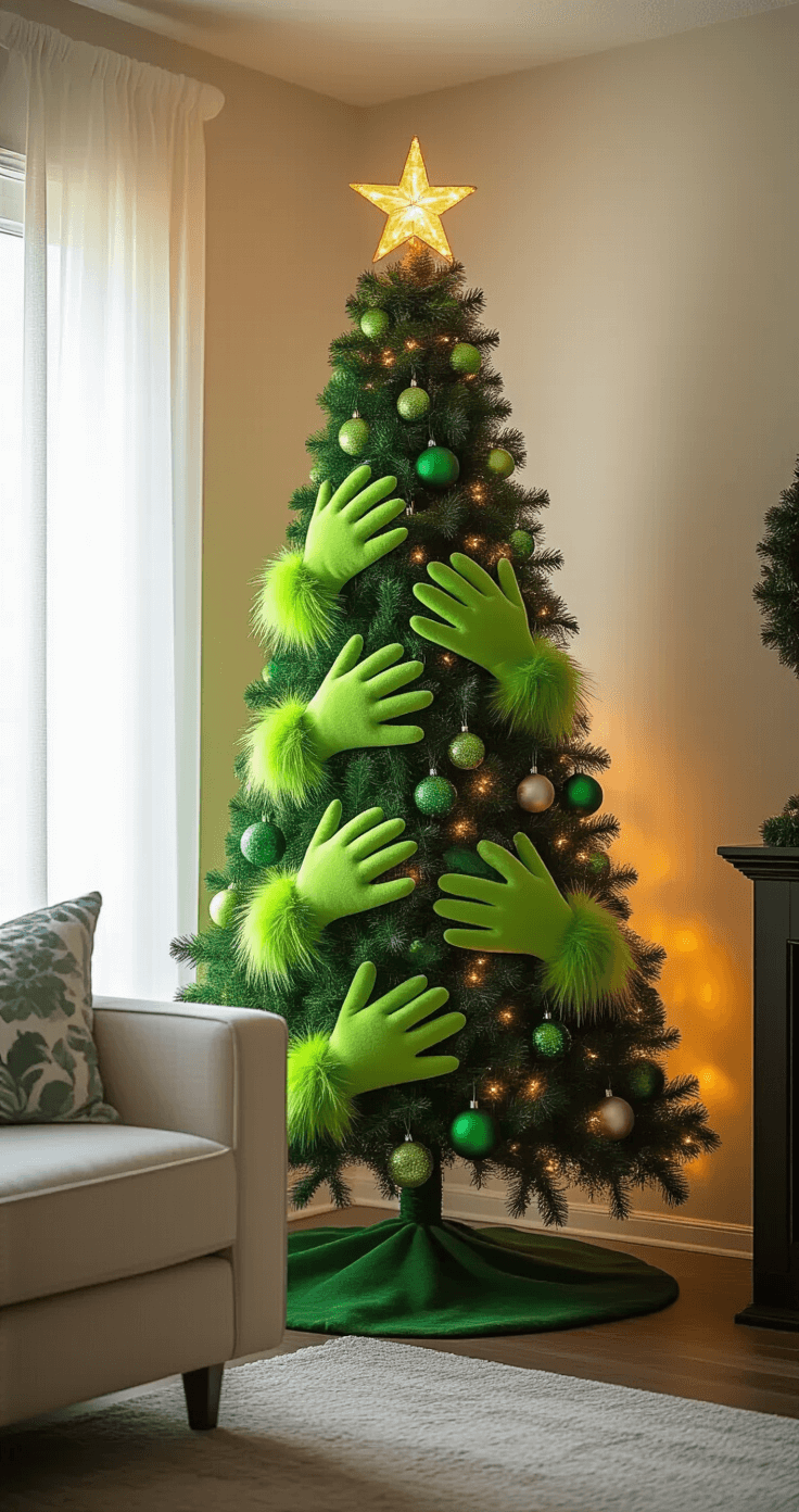 The Ultimate Grinch Christmas Tree: A Whimsical Holiday Decor Guide A whimsical 9-foot slim pencil Christmas tree leaning 15° to the left, adorned with lime green, emerald, and forest green ornaments, oversized plush Grinch hands climbing the tree, and twinkling warm LED lights, captured from a low angle during golden hour with sunlight streaming through sheer curtains, highlighting the glossy baubles and furry Grinch textures.