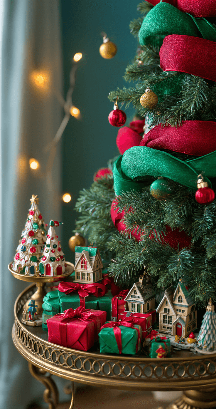 The Ultimate Grinch Christmas Tree: A Whimsical Holiday Decor Guide A close-up of a Grinch-themed Christmas tree vignette at blue hour, featuring a vintage brass side table with scattered 'stolen' presents and tiny Who-ville houses. The tree is adorned with layered crimson and emerald ribbons twisted in whimsical curves, showcasing handcrafted ornaments. Dramatic shadows and warm/cool lighting enhance the scene's depth and detail.