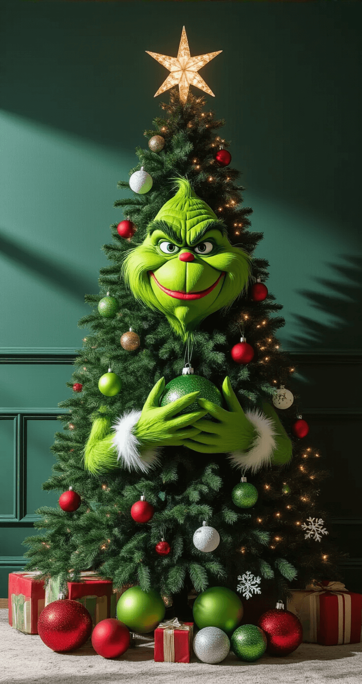 The Ultimate Grinch Christmas Tree: A Whimsical Holiday Decor Guide A dramatic portrait of a 6-foot Grinch tree against a dark green wall, featuring oversized lime green and cherry red ornaments, delicate white snowflakes, and twinkling lights, with a large Grinch hand holding a bauble in sharp focus.