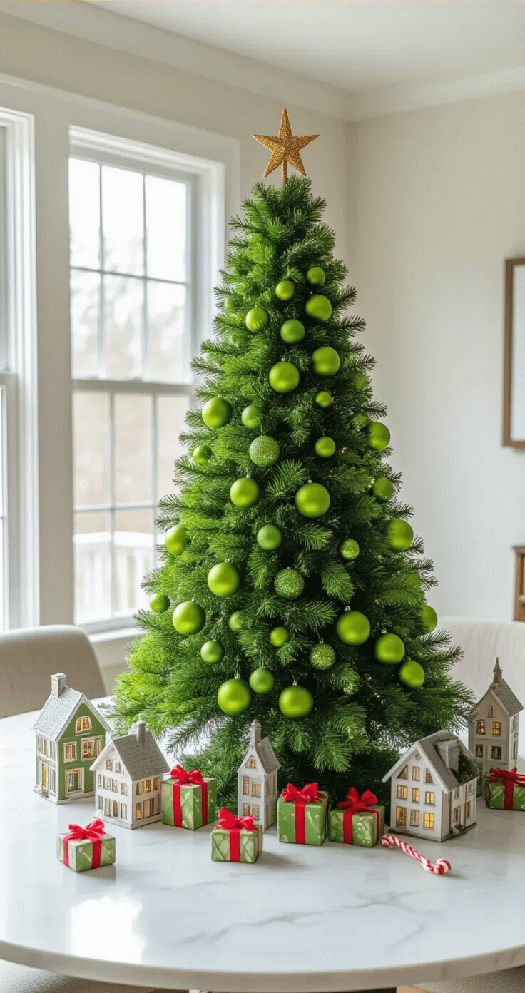 The Ultimate Grinch Christmas Tree: A Whimsical Holiday Decor Guide A modern minimalist dining room bathed in morning light features a 5-foot tabletop Grinch tree on a white marble table, surrounded by Who-ville houses and miniature wrapped presents. The tree displays an ombré effect with green ornaments and red ribbon 'candy canes', captured from a slightly elevated angle to highlight the whimsical arrangement.