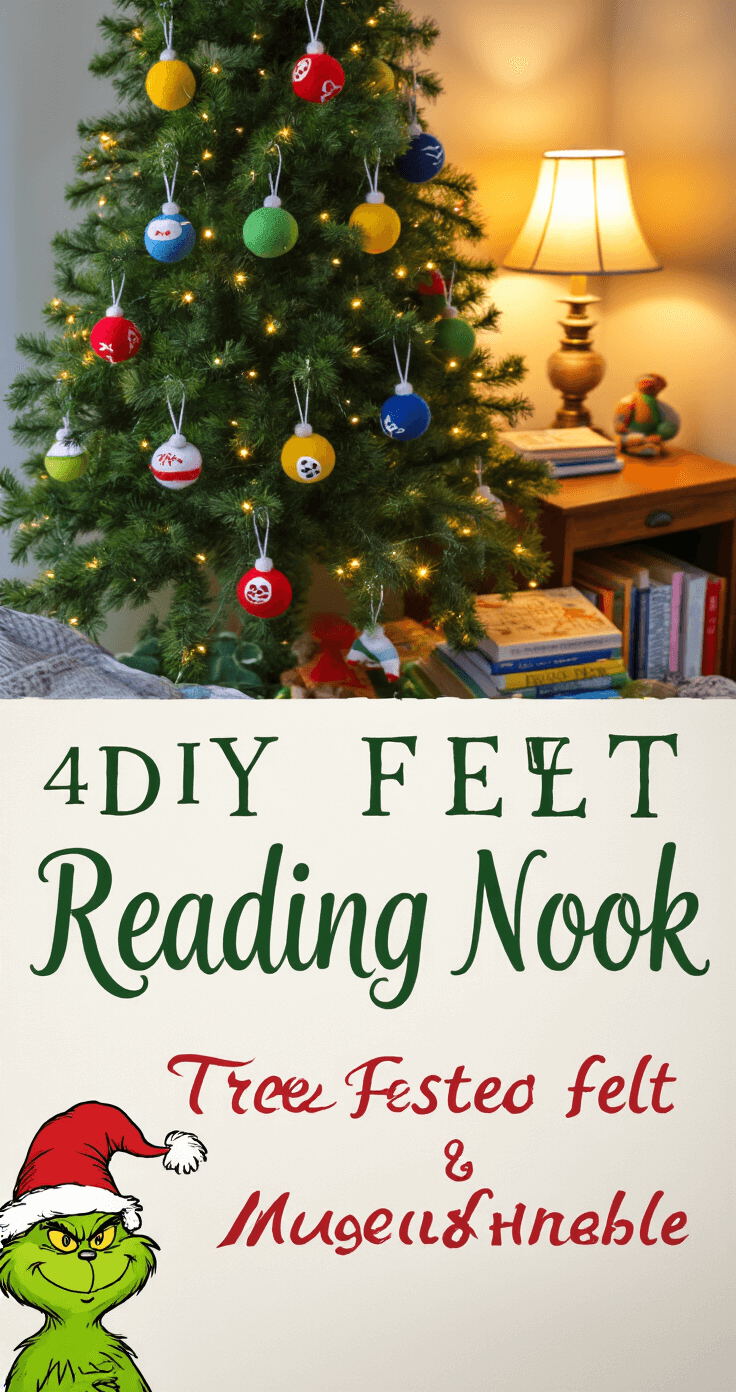The Ultimate Grinch Christmas Tree: A Whimsical Holiday Decor Guide A cozy reading nook featuring a 4-foot Grinch tree adorned with DIY felt ornaments and hand-painted baubles in classic Seuss style, illuminated by a warm table lamp and string lights, with a child's perspective highlighting storybooks and a plush Grinch character at the tree's base.