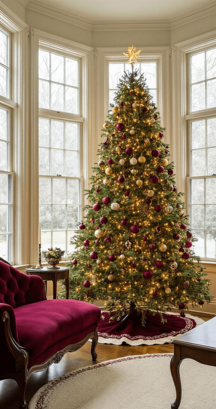 Cozy Victorian living room featuring a 9-foot Fraser fir Christmas tree adorned with vintage glass baubles in deep crimsons, burnished golds, and forest greens, illuminated by golden hour sunlight; period furniture includes a burgundy velvet chaise and mahogany side tables, with a cream-colored wool tree skirt; low angle shot with soft bokeh effect highlighting the tree's height and ornament detail.