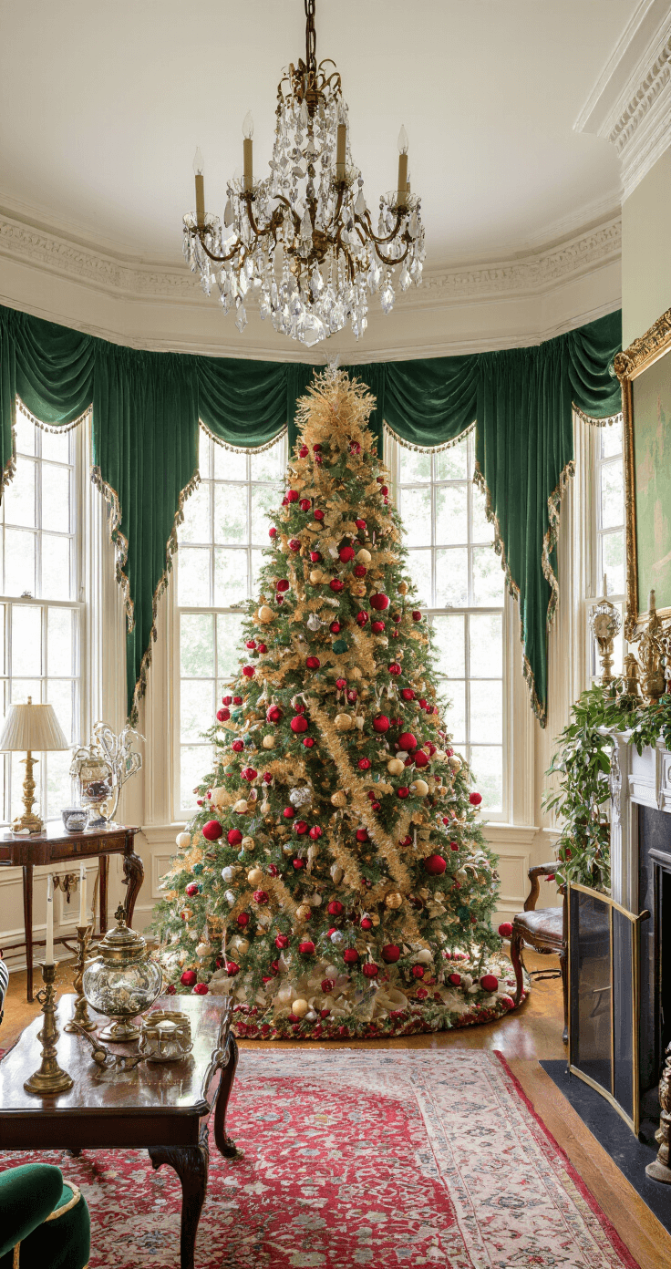 The Ultimate Guide to Christmas Trees: Transforming Your Home with Festive Cheer A Victorian parlor with 12-foot ceilings features a decorated spruce tree between bay windows, adorned with red and gold ornaments, vintage tinsel, and heirloom decorations. Rich mahogany furniture and emerald velvet drapes complement the scene, illuminated by a crystal chandelier. Brass candlesticks and mercury glass accessories enhance the period authenticity, while a cozy fireplace adds intimacy.