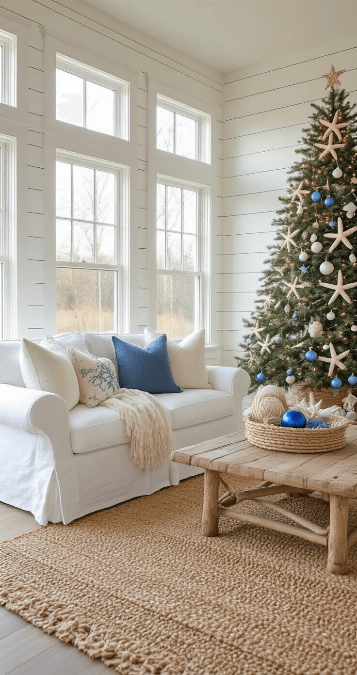 The Ultimate Guide to Creating a Traditional Christmas Tree: A Nostalgic Holiday Masterpiece Coastal cottage living room with shiplap walls, large windows, and late afternoon golden light, featuring an 8-foot tree adorned with nautical ornaments, white starfish, and blue glass balls. The space includes white slipcovered furniture, a sisal rug, and driftwood accents, creating a soft, airy atmosphere with subtle holiday touches, captured from a corner angle.