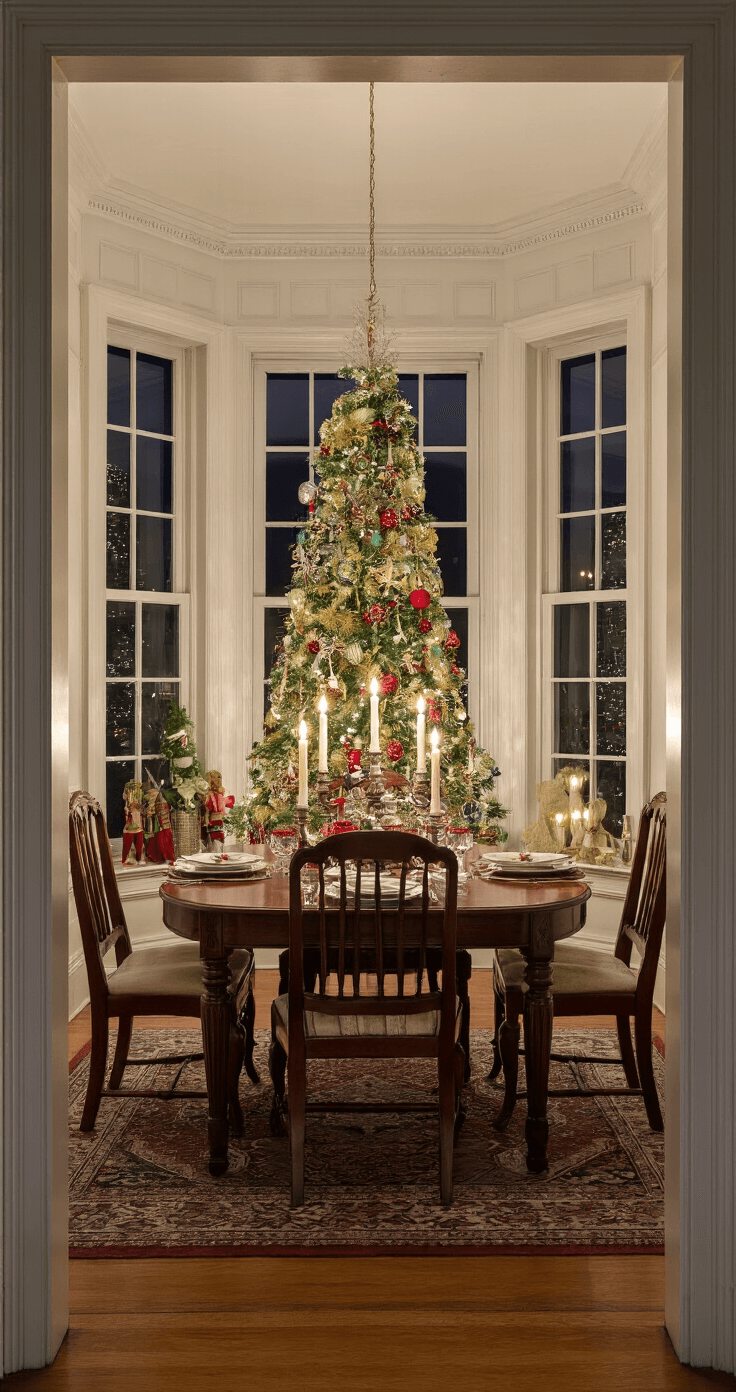 The Ultimate Guide to Creating a Traditional Christmas Tree: A Nostalgic Holiday Masterpiece A cozy traditional dining room adorned with wainscoting and crown molding, illuminated by candlelight. A 7.5-foot pencil Christmas tree in the bay window alcove is decorated with heirloom ornaments in rich jewel tones, along with mercury glass and vintage tinsel. A mahogany dining table is elegantly set for a festive Christmas dinner, all viewed through a doorway frame.