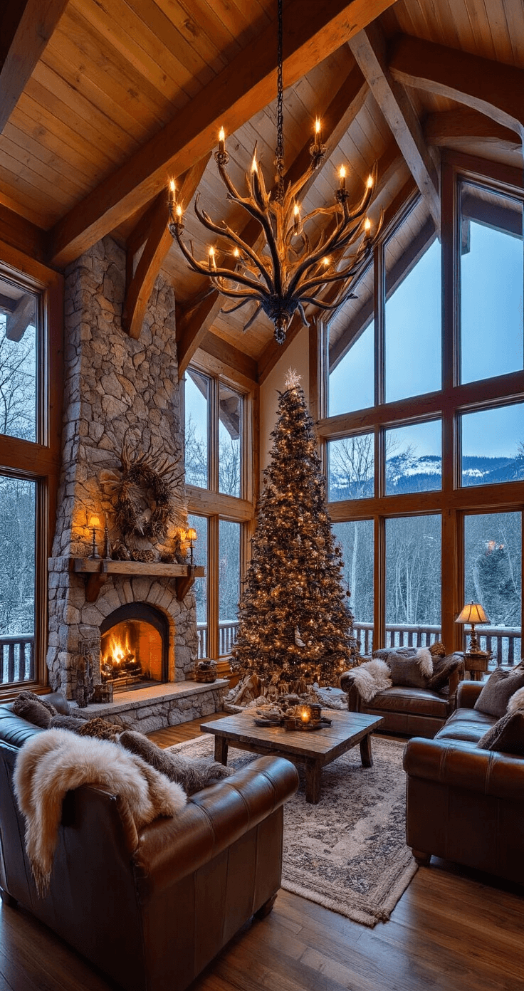 The Ultimate Guide to Creating a Traditional Christmas Tree: A Nostalgic Holiday Masterpiece A spacious mountain lodge great room featuring a stone fireplace and timber frame construction, illuminated by snowy twilight through large windows. Decorated with a tall pine tree adorned with woodland ornaments, leather furniture, faux fur throws, and an antler chandelier, all enhanced by warm lighting and rustic textures.