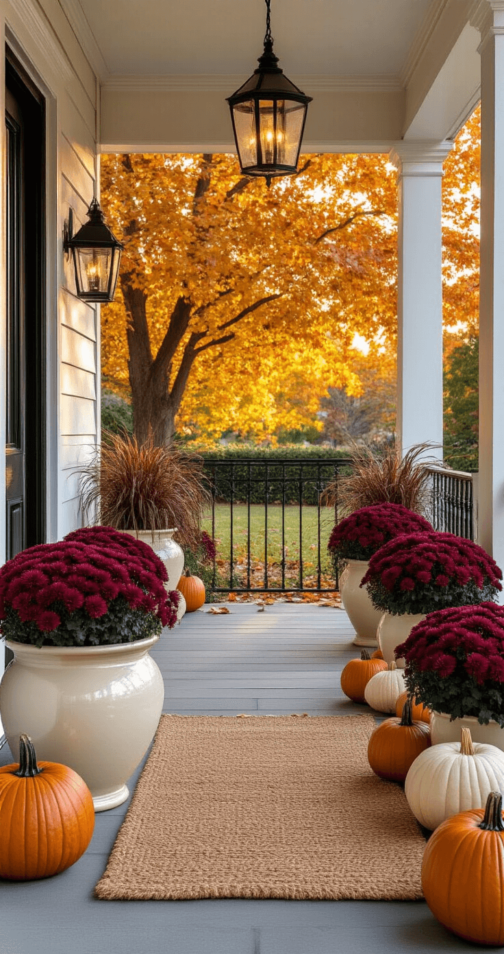 Cozy Fall Front Porch: Your Ultimate Transformation Guide A welcoming front porch adorned with oversized ivory ceramic planters filled with burgundy chrysanthemums, purple fountain grass, and copper-toned sweet potato vine, illuminated by warm autumn light. Heirloom pumpkins line the pathway, while soft twinkle lights and a thick jute doormat add charm to the scene.