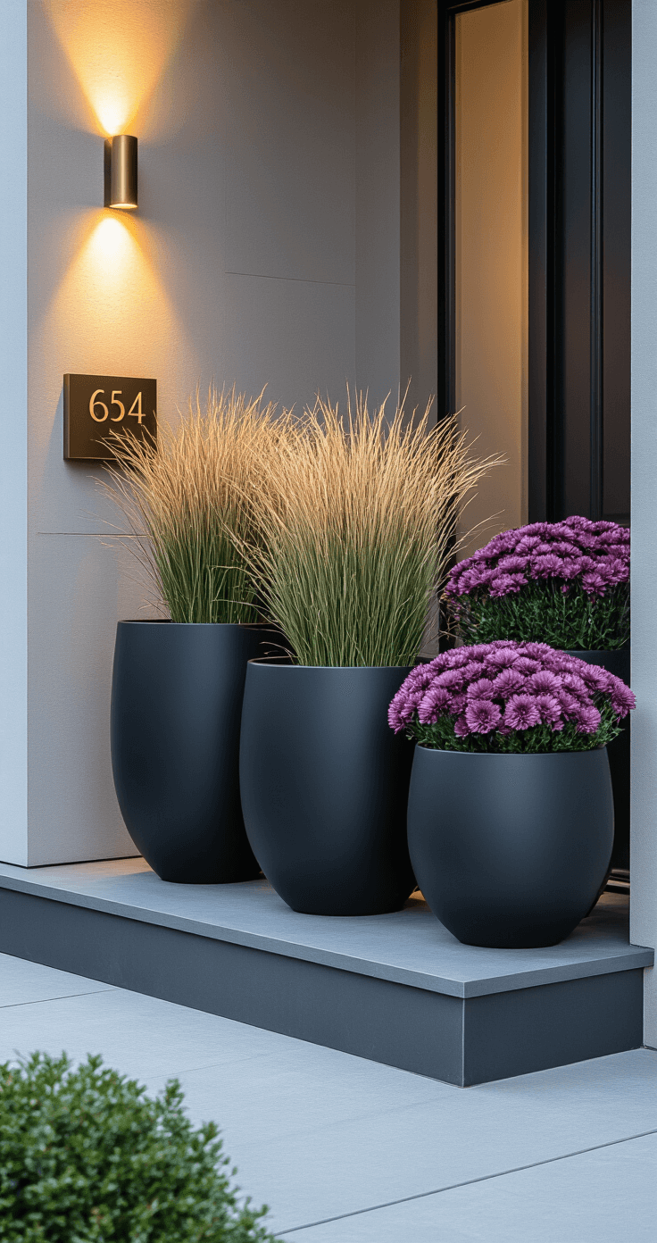 Cozy Fall Front Porch: Your Ultimate Transformation Guide Modern minimalist stoop at dusk with architectural uplighting, featuring three oversized matte black planters with ornamental grasses and dark purple mums, alongside charcoal ceramic pumpkins, sleek brass house numbers, and contemporary sconces.