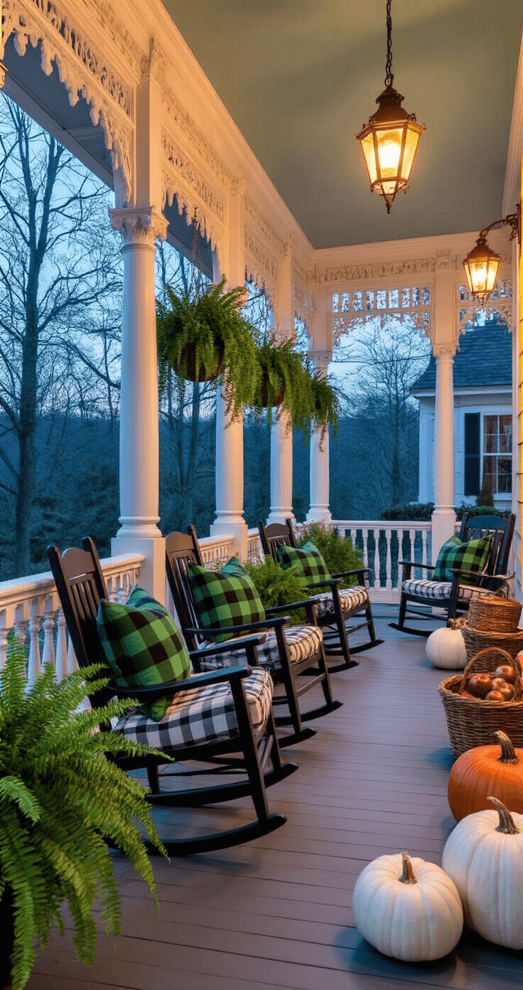 Cozy Fall Front Porch: Your Ultimate Transformation Guide A picturesque Victorian porch at twilight, featuring ornate gingerbread trim, vintage rocking chairs with buffalo check pillows, and decorative elements like copper lanterns and white pumpkins, surrounded by lush Boston ferns.