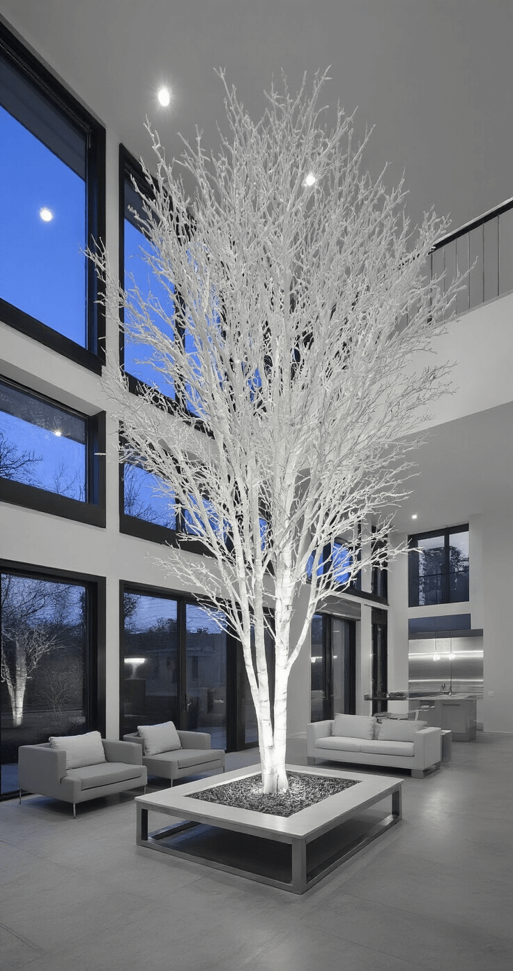 The Ultimate Guide to Christmas Trees: Transforming Your Home with Festive Cheer A contemporary great room at dusk featuring a 10-foot artificial tree, monochromatic white and silver decor, industrial concrete floors, and floor-to-ceiling steel windows reflecting ambient LED lights, viewed from a mezzanine level.