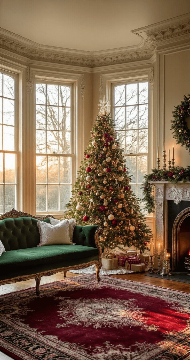 Vintage Christmas Decor: A Nostalgic Journey Through Holiday Styling A warm Victorian-era living room with high ceilings, bay windows casting amber light, a burgundy Persian rug, an emerald velvet settee with lace details, a decorated Christmas tree, and mercury glass candlesticks on a marble mantel, captured at golden hour with a nostalgic glow.