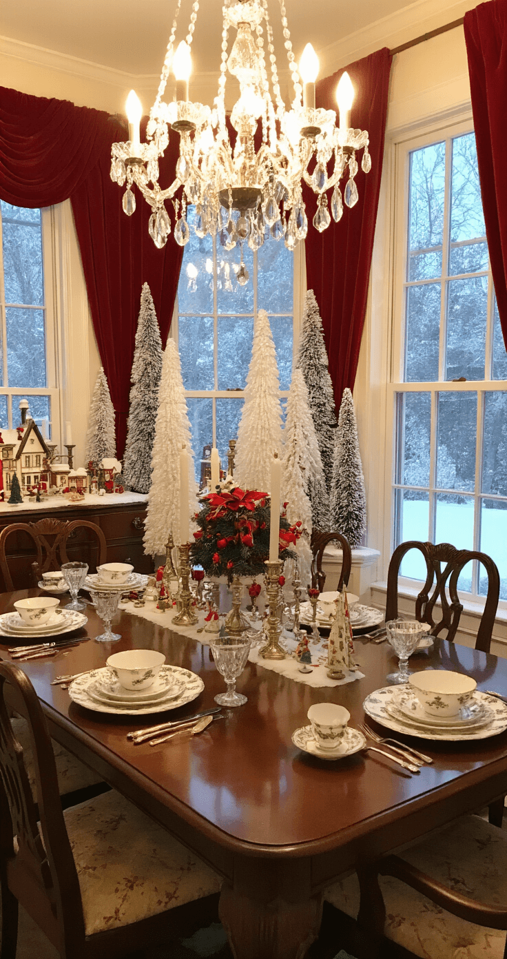 Vintage Christmas Decor: A Nostalgic Journey Through Holiday Styling A warmly-lit traditional dining room featuring wainscoting and a mahogany table set with vintage Spode Christmas china, surrounded by mercury glass trees and a Putz village on the sideboard, all under a crystal chandelier, framed by red velvet curtains and a snowy window view.