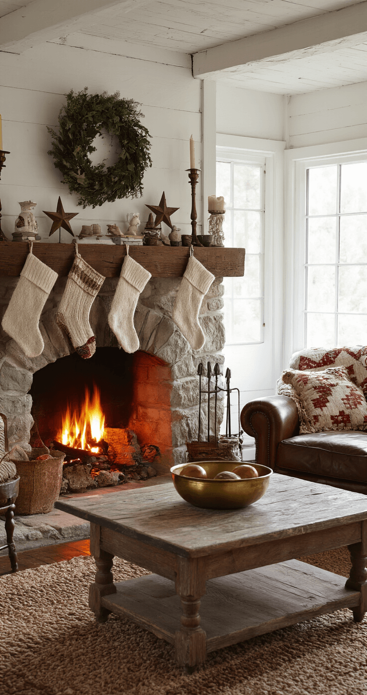 Vintage Christmas Decor: A Nostalgic Journey Through Holiday Styling Cozy cottage living room featuring a stone fireplace with a warm fire glow, vintage ornaments in a brass bowl on a weathered coffee table, hand-knit stockings hanging from a rough-hewn mantel, an antique quilt on a leather armchair, and primitive star decorations on whitewashed walls, captured in intimate, nostalgic lighting with a close-up perspective.