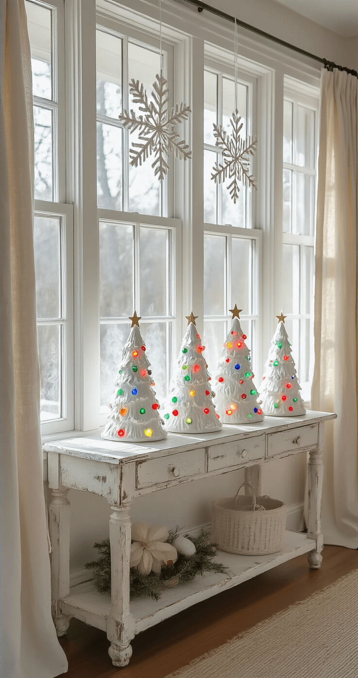 Vintage Christmas Decor: A Nostalgic Journey Through Holiday Styling A sun porch filled with morning light filtering through frosted windows, showcasing a collection of white ceramic Christmas trees with colorful lights on a distressed console, and paper snowflakes made from vintage sheet music hanging from the ceiling, all framed by natural linen curtains with ball fringe trim, captured from a bird's eye view in high key lighting.