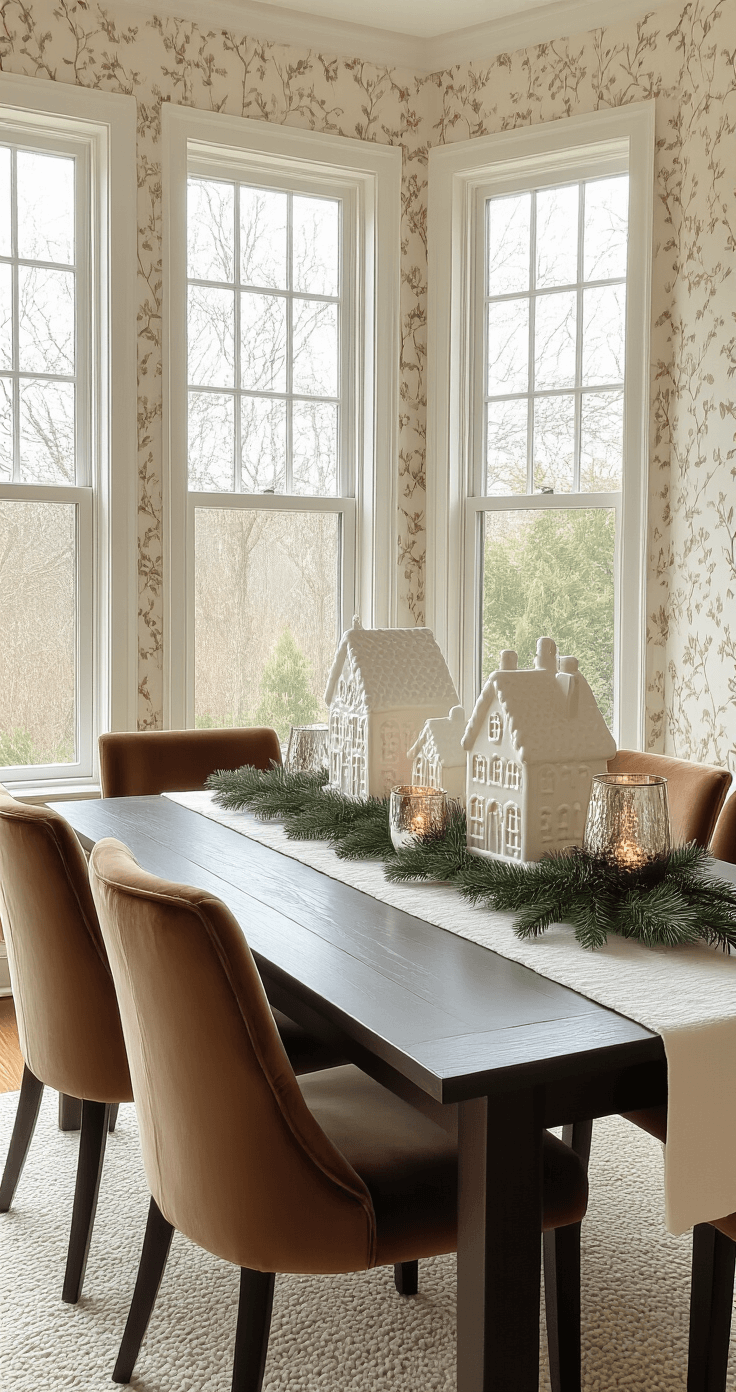 Sweet Sophistication: Creating a Magical Gingerbread Christmas Wonderland at Home A beautifully arranged midday dining room featuring a dark wood rectangular table with a snowy textured runner, white ceramic gingerbread houses, fresh pine garland, and mercury glass votives as a centerpiece. The scene is complemented by warm brown velvet chairs and cream wallpaper, illuminated by natural light from bay windows and additional practical lighting, shot from a 45-degree angle to highlight depth.