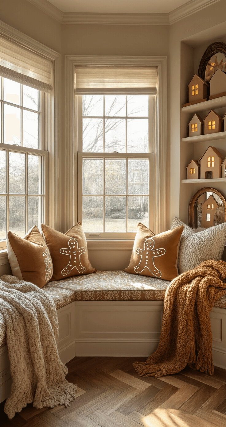 Sweet Sophistication: Creating a Magical Gingerbread Christmas Wonderland at Home A cozy corner reading nook featuring a bay window seat adorned with gingerbread-patterned pillows and caramel-toned chunky knit throws, illuminated by golden hour light. LED-lit paper houses cascade down built-in shelves, while antiqued mirrors enhance the light. Herringbone wood floors display long shadows.