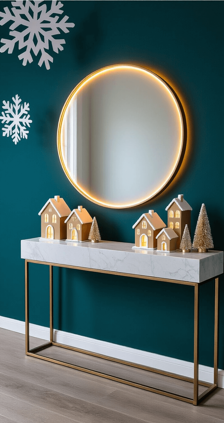 Sweet Sophistication: Creating a Magical Gingerbread Christmas Wonderland at Home Modern entryway featuring a minimalist white marble console adorned with graduated metallic gingerbread houses, an oversized round mirror reflecting warm LED lighting, and deep teal walls for contrast. Giant paper snowflakes suspended from the ceiling enhance the festive atmosphere, with soft side lighting highlighting the metallic details.