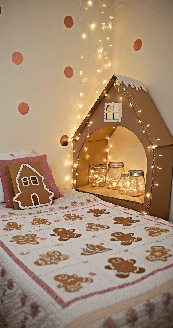 Sweet Sophistication: Creating a Magical Gingerbread Christmas Wonderland at Home A cozy children's bedroom at bedtime featuring a twin bed with gingerbread-themed quilting, twinkling fairy lights in mason jars, and a DIY cardboard gingerbread house reading nook in the corner, all against soft cream walls with copper polka dots, captured from a child's eye level with a dreamy bokeh effect.