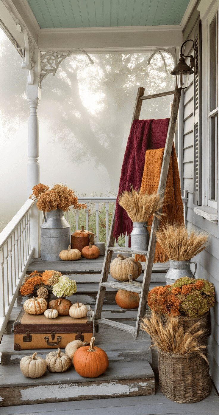 Cozy Fall Porch Decor: Transform Your Entryway into an Autumn Oasis A wraparound Victorian porch in the early morning fog features a vintage wooden ladder with hand-knit throws in burgundy and amber, antique zinc milk cans with dried wheat and preserved hydrangeas, heirloom pumpkins in sage, cream, and burnt orange on distressed wooden steps, and wrought iron sconces illuminating a soft grey beadboard ceiling, with a vintage leather trunk as a coffee table adorned with brass candle holders and autumn foliage.