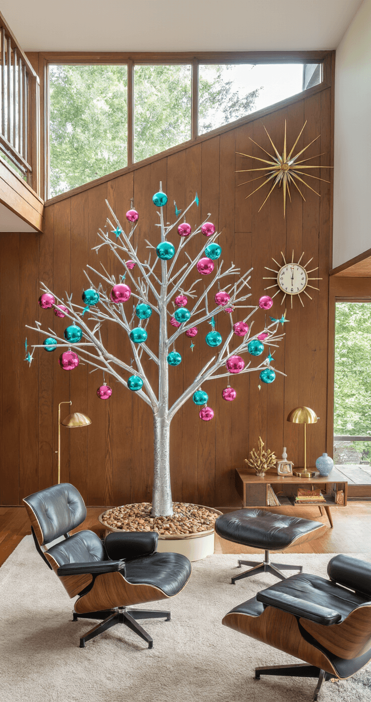 The Ultimate Guide to Christmas Trees: Transforming Your Home with Festive Cheer Mid-century modern split-level living room with a 7-foot vintage aluminum tree adorned with geometric turquoise and pink Shiny Brite ornaments, set against walnut paneling. An Eames lounge chair, starburst clock, brass floor lamp, and atomic age ceramics enhance the period decor, while dramatic hard lighting casts shadows on the tree's metallic finish.