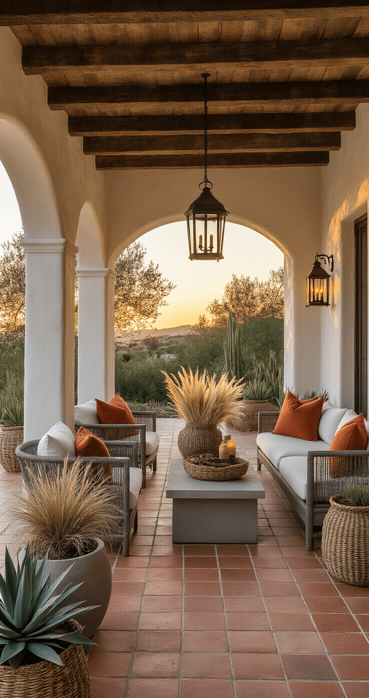 Cozy Fall Porch Decor: Transform Your Entryway into an Autumn Oasis Wide-angle view of a Mediterranean-style loggia at sunset, featuring terracotta tile flooring, whitewashed stucco walls, oversized iron lanterns, vintage olive baskets with dried pampas grass, modern concrete planters with sculptural agave, and a casual seating area in warm ivory linen with rust and terra cotta pillows.
