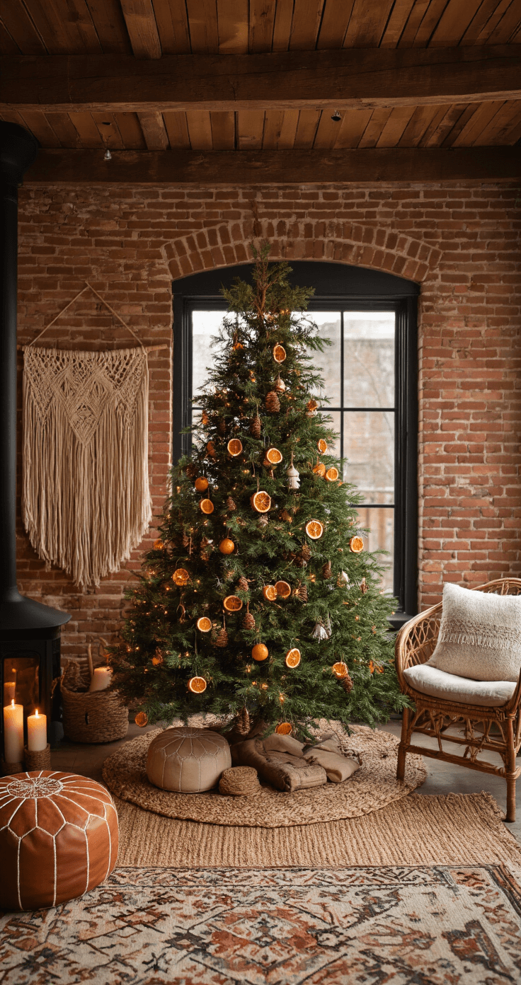 Magical Christmas Room Decor: Transform Your Space into a Festive Wonderland A cozy Bohemian living space featuring exposed brick walls and a wooden beam ceiling, showcasing a natural jute Christmas tree skirt beneath a 6ft pine adorned with wooden ornaments, dried orange slices, and pinecones. Layered vintage kilim rugs, a leather pouf, and a rattan accent chair enhance the eclectic decor, complemented by a macramé wall hanging with an eucalyptus garland. The warm terracotta and sage color palette is enriched by soft candlelight, captured from an elevated viewpoint.