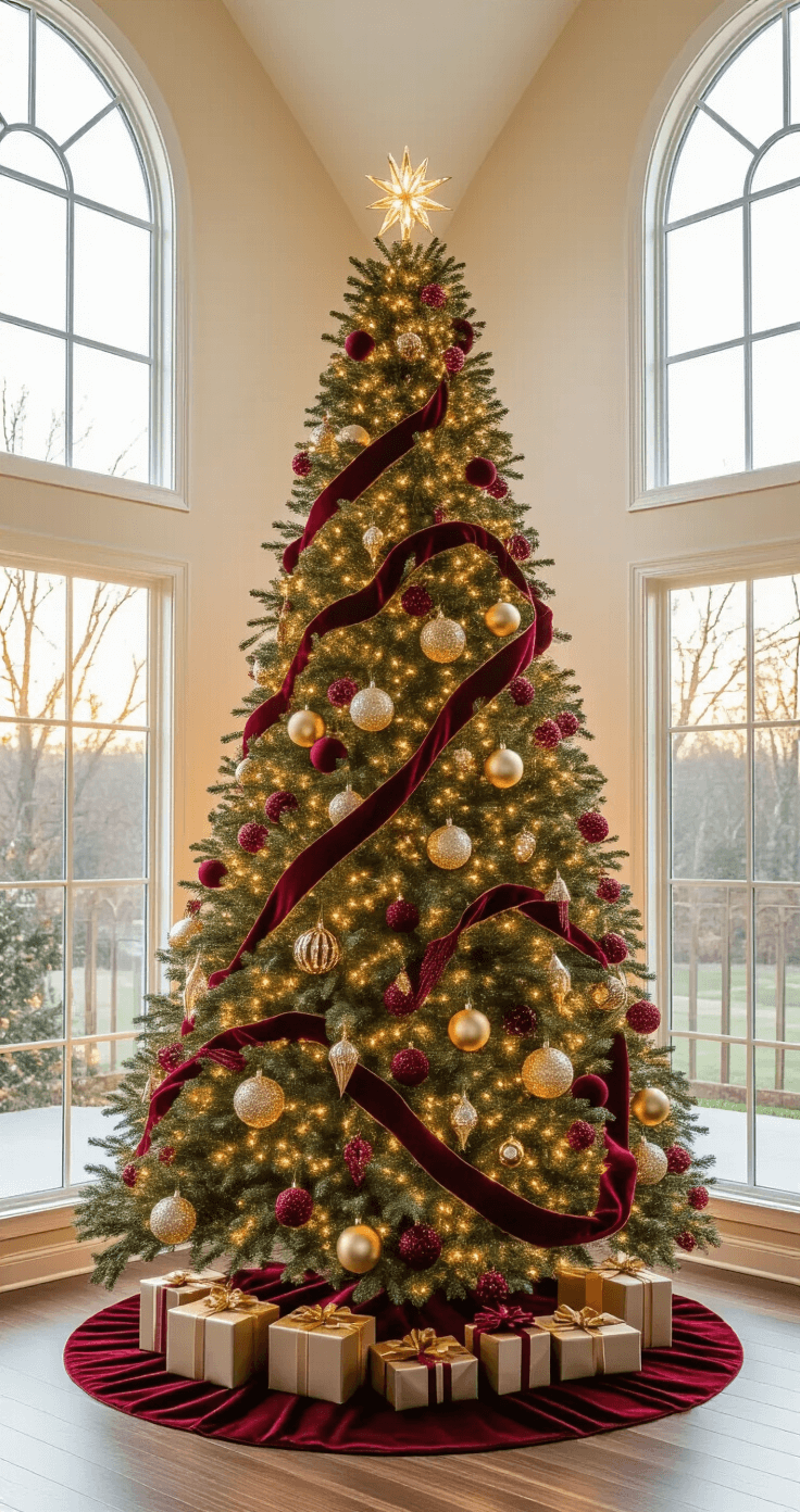 Crafting a Timeless Red and Gold Christmas Tree: Your Ultimate Styling Guide A stunning living room featuring a 9-foot Noble fir Christmas tree adorned with oversized antiqued gold baubles and cascading burgundy ribbon, all set against a cream-colored wall under a 12-foot cathedral ceiling, with golden hour light streaming through floor-to-ceiling windows.