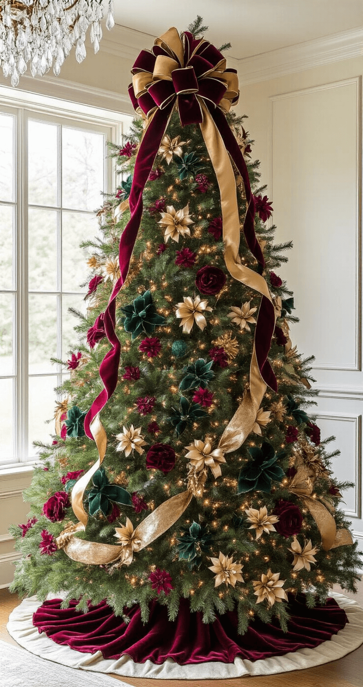 Creative Christmas Tree Ideas for 2025: Unleash Your Festive Imagination A majestic 8-foot fraser fir adorned with oversized velvet and satin bows in burgundy, emerald, and gold, positioned in a traditional living room with wainscoting, illuminated by morning light streaming through sheer windows, with a sparkling crystal chandelier overhead.