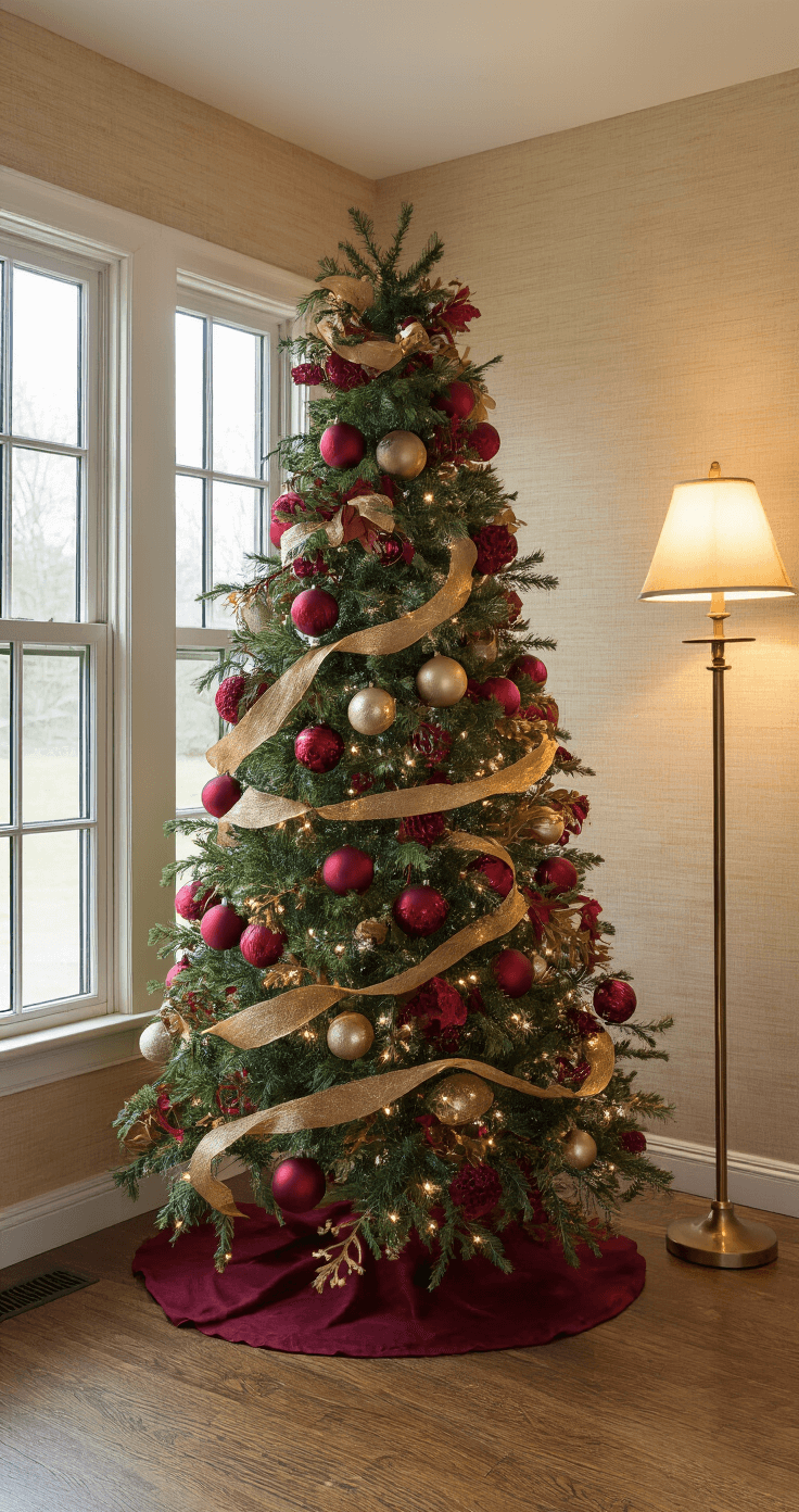Crafting a Timeless Red and Gold Christmas Tree: Your Ultimate Styling Guide Cozy corner vignette featuring a 7-foot slim Christmas tree in a 45-degree corner between two windows, adorned with deep garnet red and brushed gold ornaments, complemented by a handwoven gold ribbon. Warm beige textured grasscloth wallpaper serves as the backdrop, while a vintage brass floor lamp casts ambient light on the scene. Captured at eye level with a 50mm lens, emphasizing depth of field to showcase the layered ornaments.