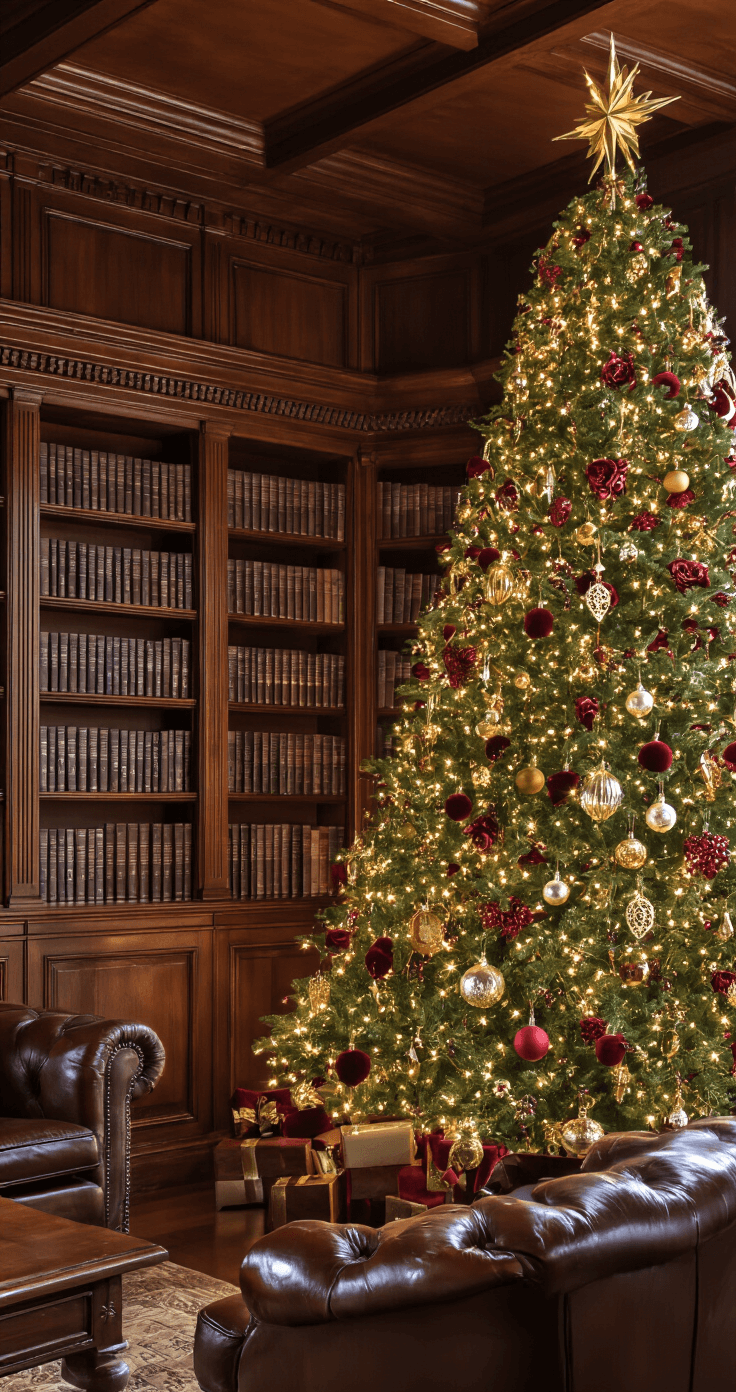Crafting a Timeless Red and Gold Christmas Tree: Your Ultimate Styling Guide A cozy wood-paneled library featuring built-in bookcases filled with books and elegant leather furniture, adorned with a beautifully decorated 8-foot Christmas tree. The tree, highlighted by vintage-inspired ornaments in mercury glass, deep red velvet, and antique gold filigree, is topped with a traditional burnished gold star. Warm white lights cast a soft glow on the dark wood surfaces, enhancing the intimate atmosphere of the classic interior.