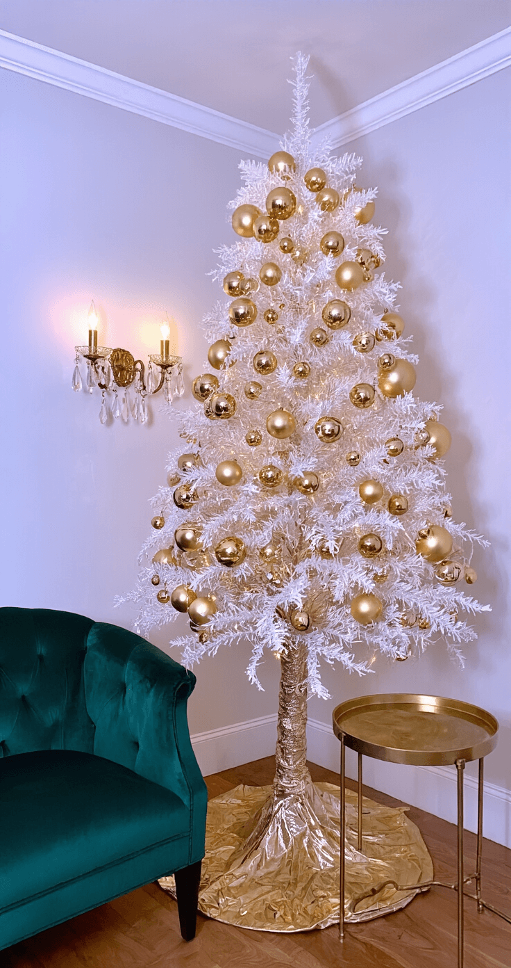 Christmas Tree Trends 2025: Transform Your Holiday Decor with Bold, Luxe Styles An intimate corner featuring a 7-foot slim gold-finished artificial tree adorned with antiqued gold baubles, illuminated by soft evening lighting from crystal sconces. A vintage gold mirror and brass side table enhance the scene, with a rich emerald velvet accent chair providing a striking contrast. The camera captures the full reflection in the mirror, highlighting the metallic shimmer of the tree.