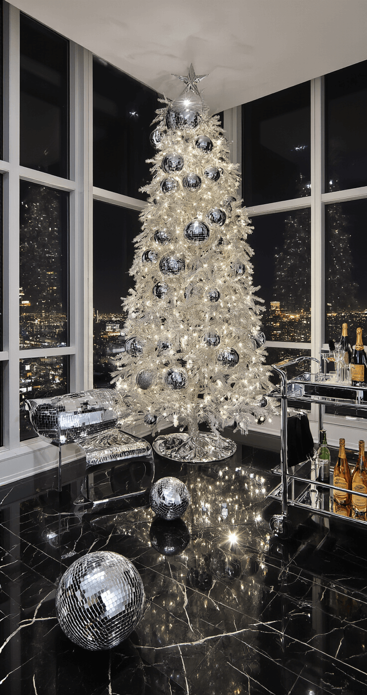 Christmas Tree Trends 2025: Transform Your Holiday Decor with Bold, Luxe Styles Luxury penthouse interior featuring a 12-foot slim tree decorated with oversized disco ball ornaments, surrounded by twinkling city lights. Chrome and mirrored furniture enhance the sparkle, while black marble floors reflect the tree's lights. A champagne bar cart adds elegance, captured from the entrance to showcase the glamorous atmosphere. Strategic spotlighting emphasizes the ultra-sophisticated party vibe.